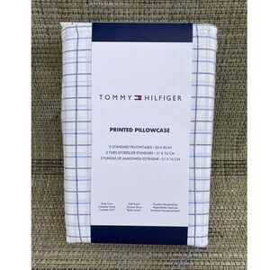 Tommy Hilfiger White Blue Plaid Printed Cotton Blend STANDARD Pillowcase Set 2pc